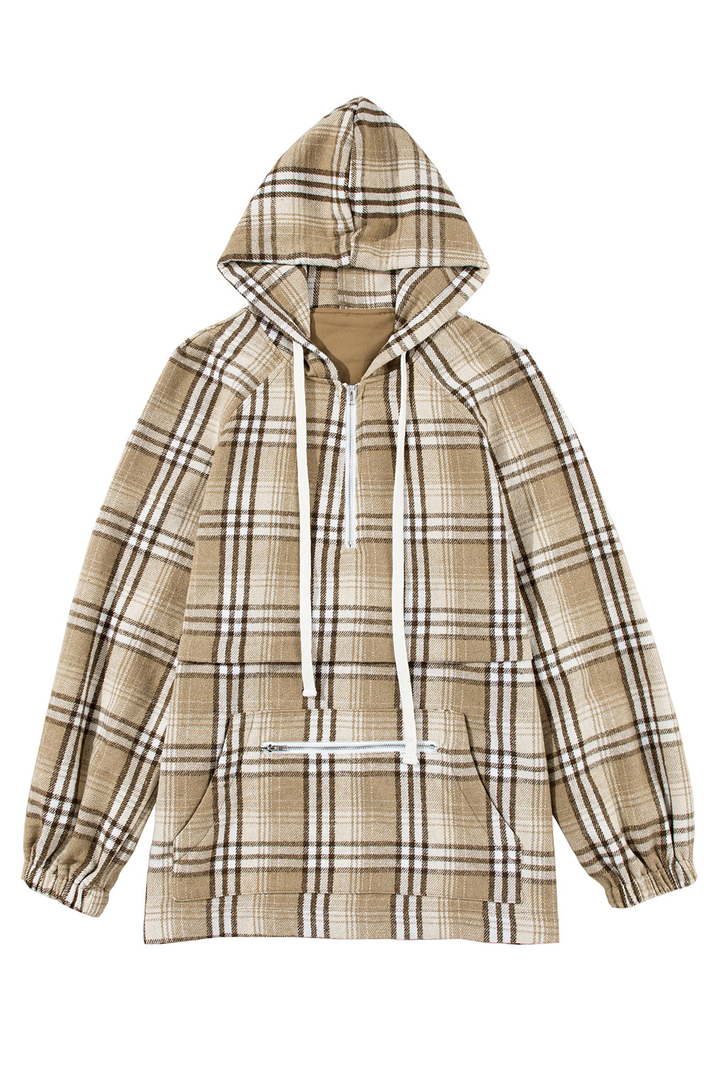 Khaki Printed Zipped Front Pullover Plaid Hoodie