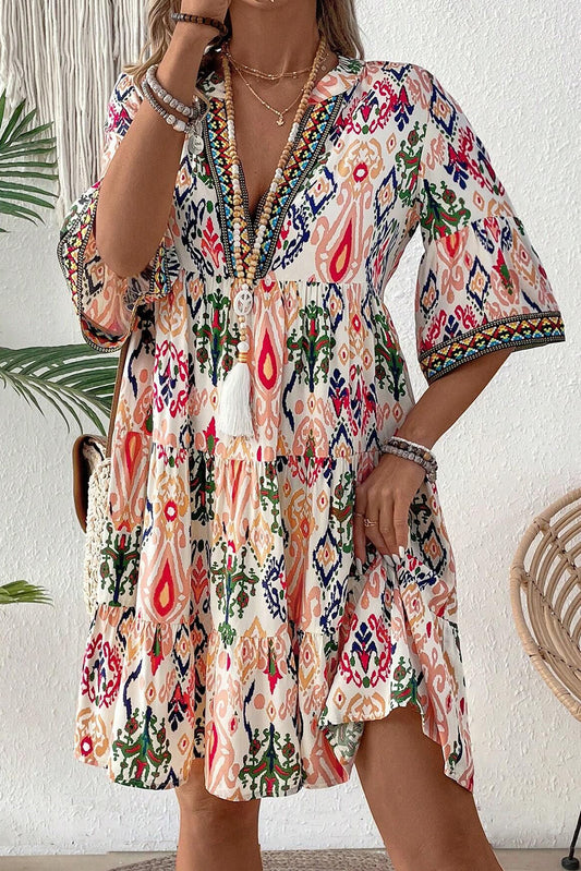 Multicolour Boho Print V Neck Bracelet Sleeve Mini Dress