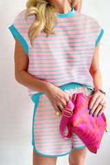 Ensemble short deux pièces coupe ample à rayures roses et blocs de couleurs-A WOMAN WE LOVE