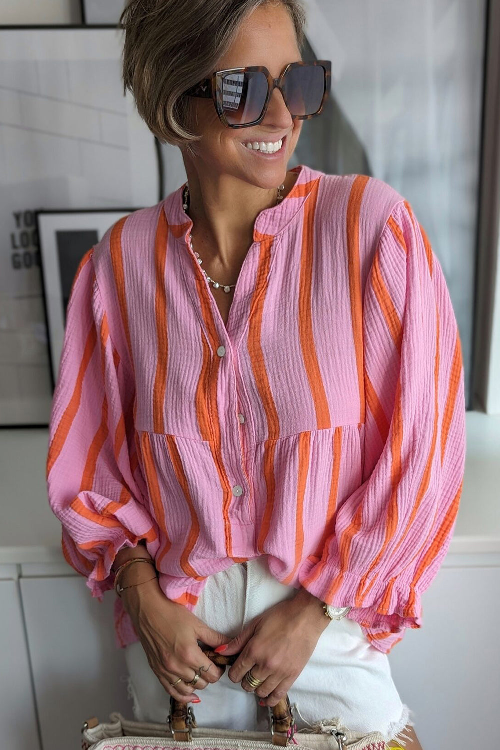 Orange Stripe Crinckled Ruffled Sleeve Button up Loose Shirt