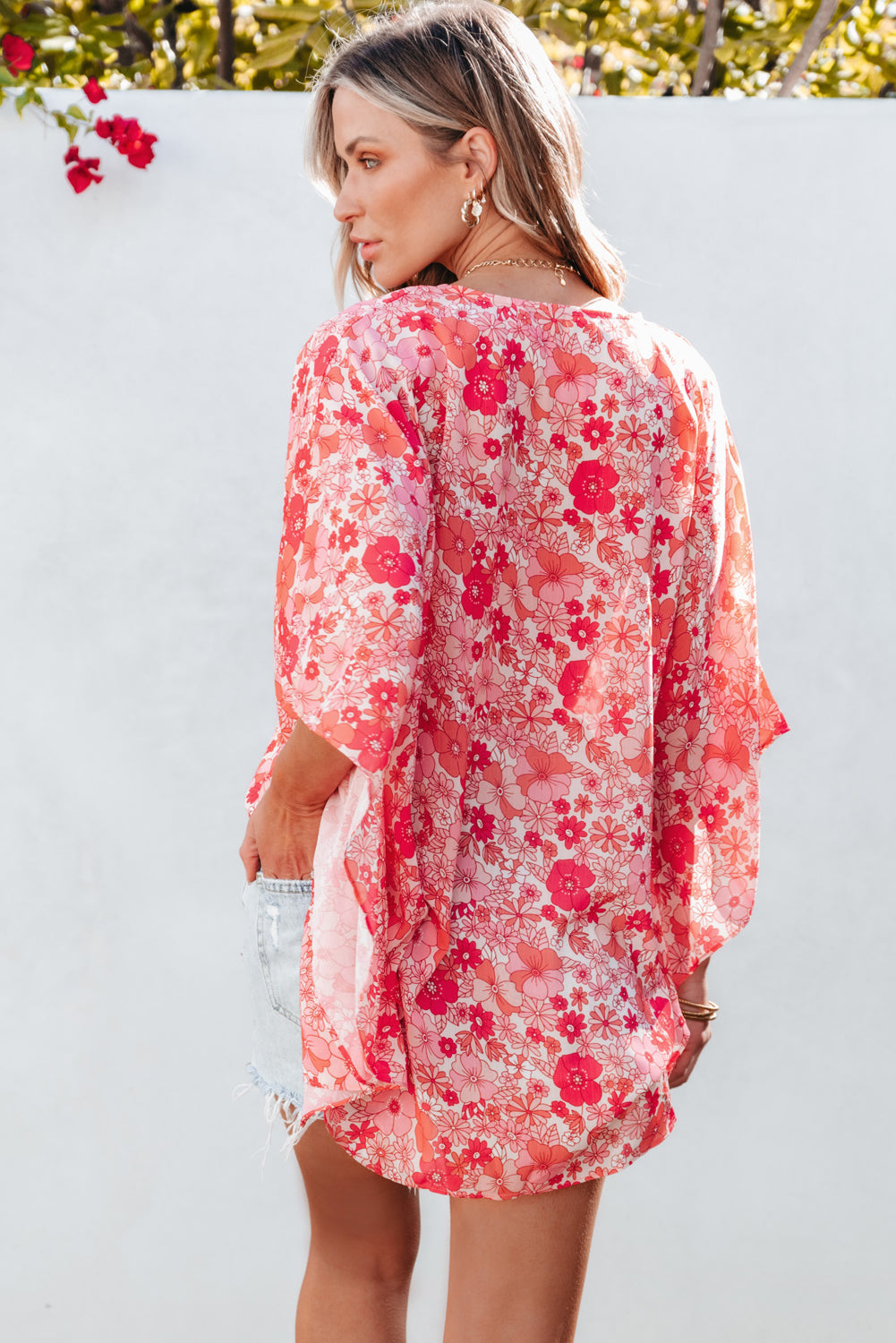 Chemisier de style kimono floral Boho Pink Boho