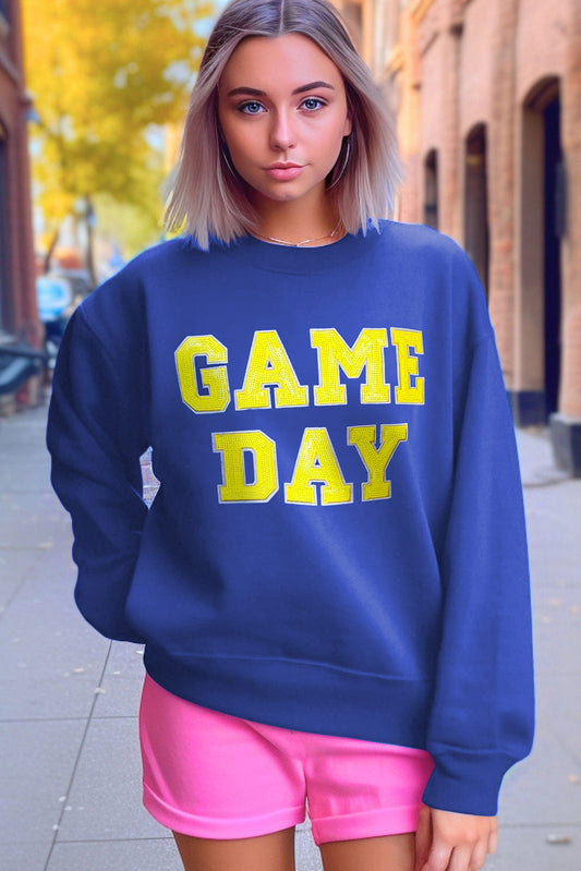 Dunkelblau Game Day Crew Neck Grafikpullover Sweatshirt