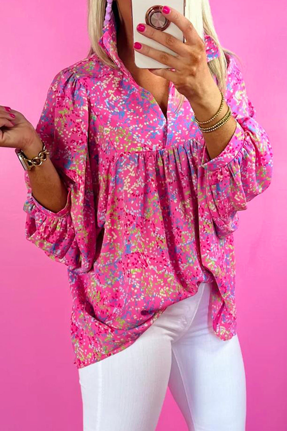 Blouse babydoll à col en V et imprimé  *-A WOMAN WE LOVE