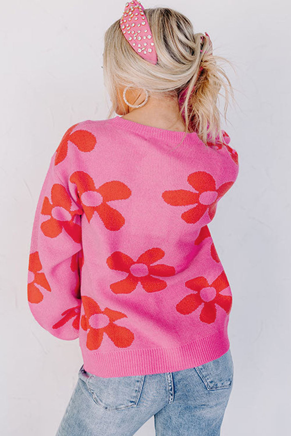 Rose Big Flower Strick -Rippen -Trimmpullover