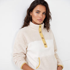Sweat-shirt à col boutonné et poche en molleton beige avec bordure color block