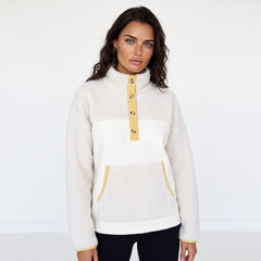 Sweat-shirt à col boutonné et poche en molleton beige avec bordure color block