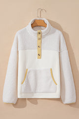 Sweat-shirt à col boutonné et poche en molleton beige avec bordure color block