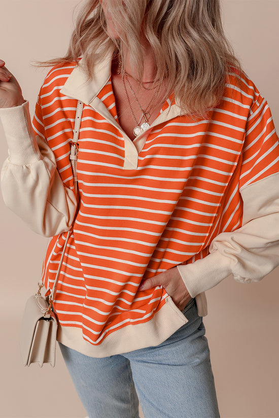 Orange striped and color block sweatshirt, loose fit, dropped collar and shoulders