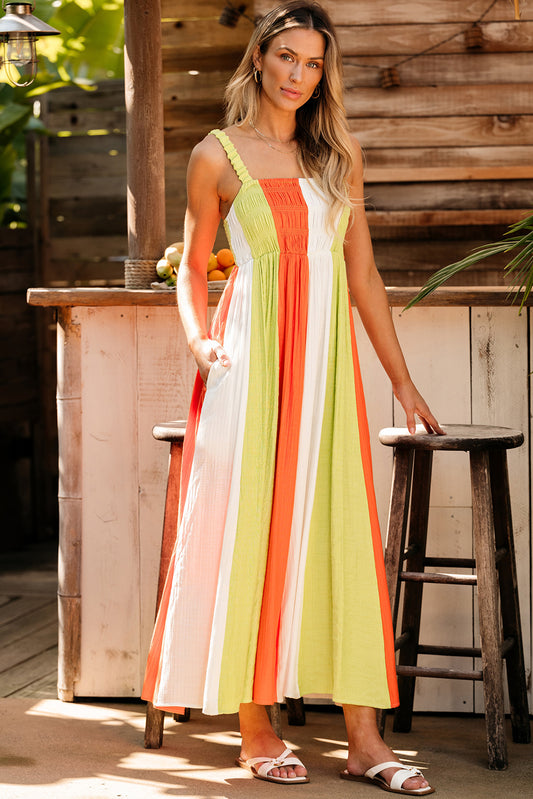 Bloque de color verde Shired High Wisting Fit and Flare Maxi Vestido