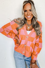 Cardigan orange à carreaux et épaules tombantes boutonné à col en V-A WOMAN WE LOVE