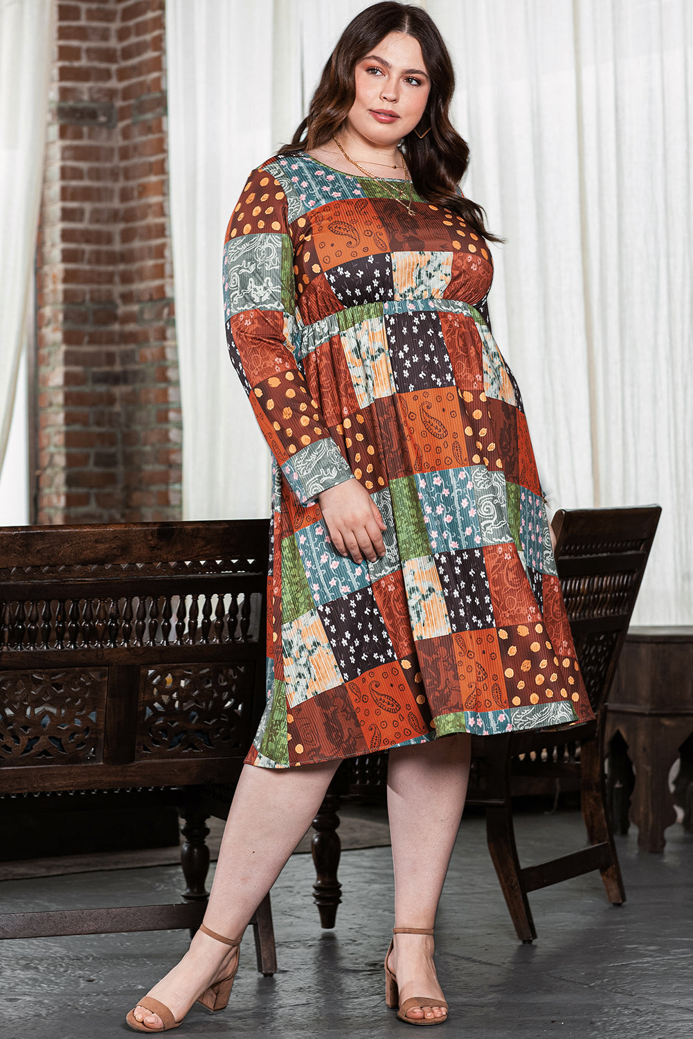 Robe trapèze à carreaux Western multicolore imprimée de grande taille verte