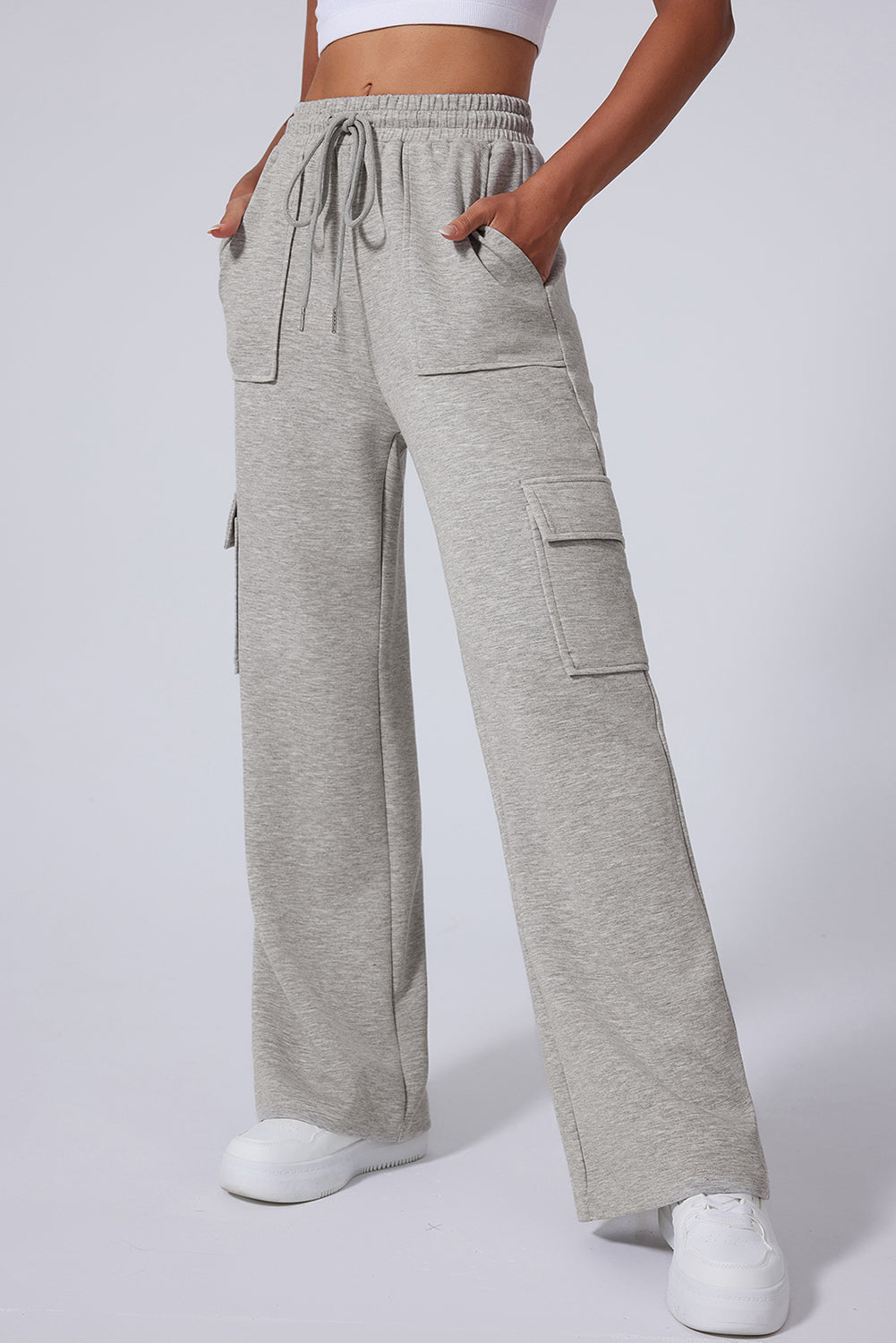 Pantalon d'entraînement à jambes larges et multi-poches à lacets taille haute gris clair