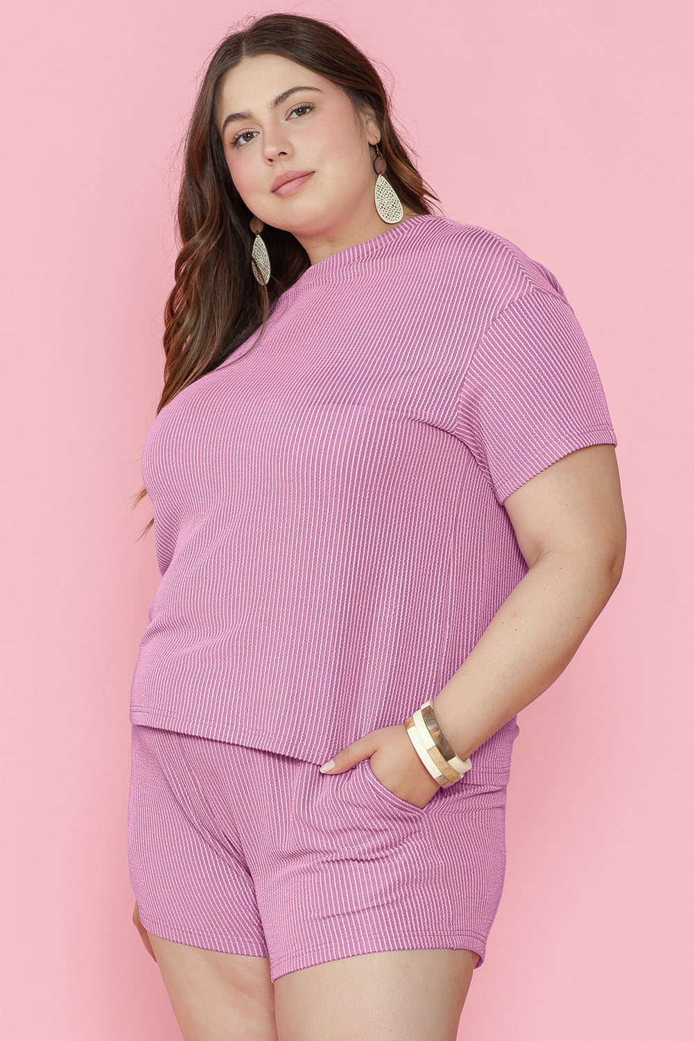 Phalaenopsis Plus Size Ribbed Knit T-Shirt and Shorts Set