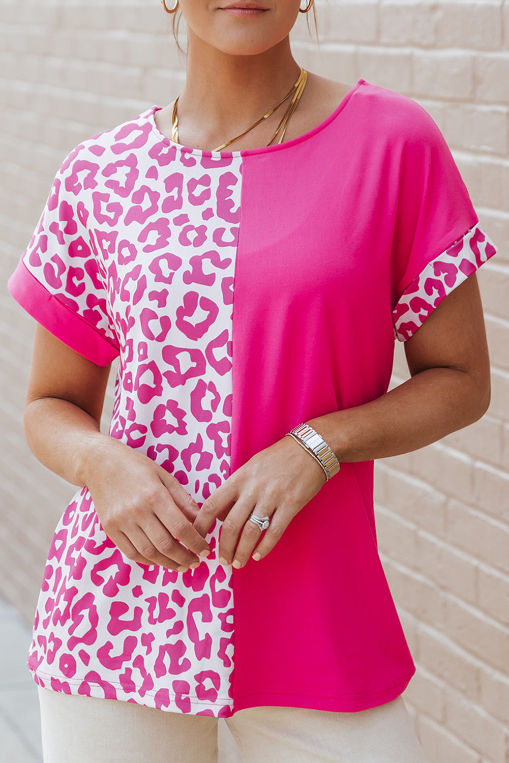 Short sleeve top in pink half-leopard patchwork