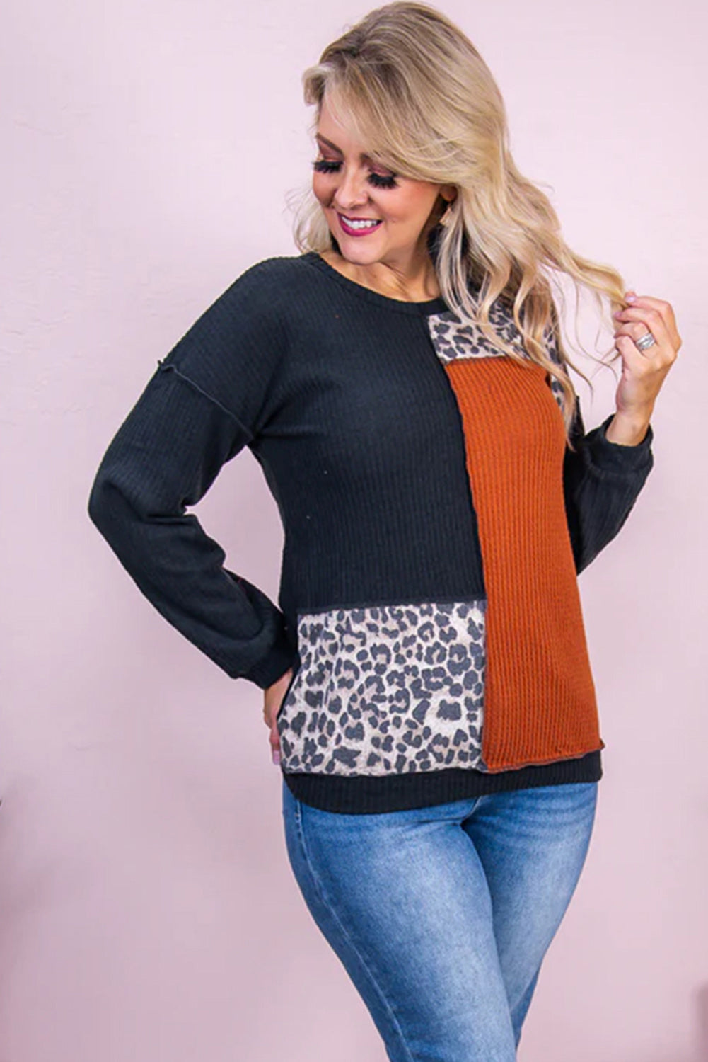 Black Orange Orange Coloterblock Leopard Patchwork Waffle Knit Plus Size Top