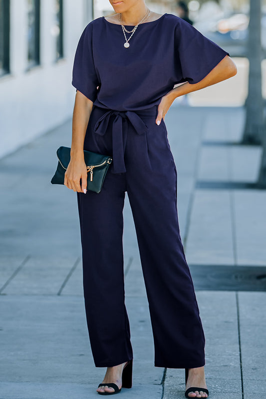 Oh So Glam Blue Wide Leg Belted Jumpsuit