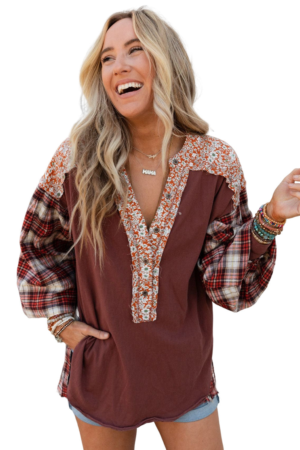 Fiery Red Floral Plaid Mixed Print Bishop Sleeve Patchwork Top