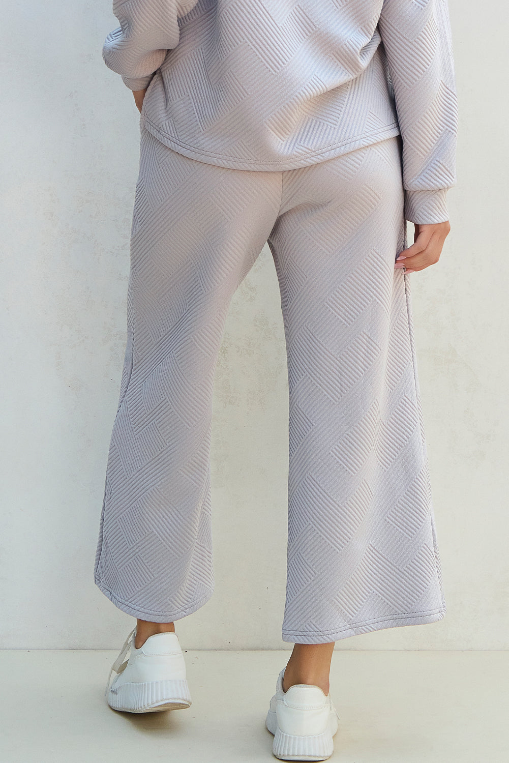 Light Grey Solid Textured V-Neck Top and Wide Leg Pants Set