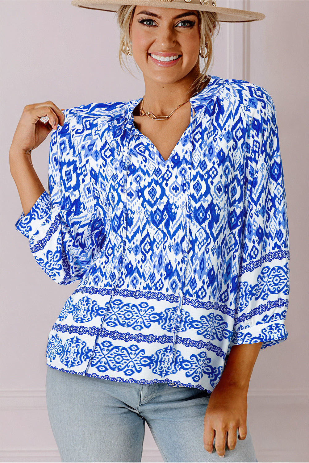 Blue Boho estampado 3/4 manga de manga atada blusa