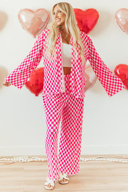 Ensemble pyjama chemise boutonnée à carreaux rose et pantalon taille haute