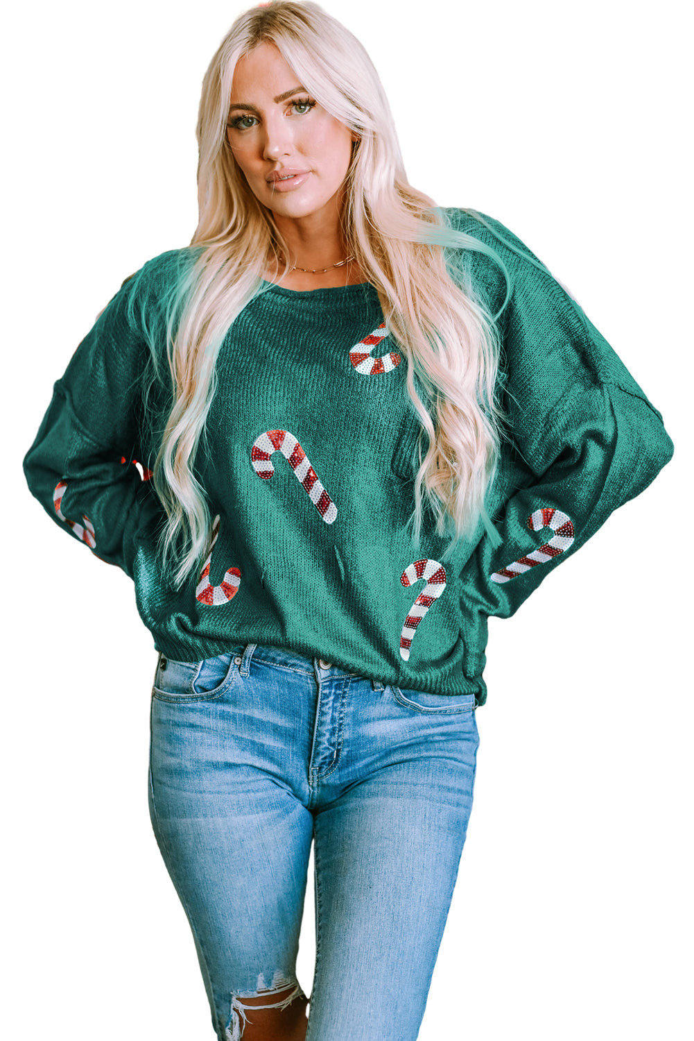 Grüne Pailletten -Candy Canes Lebkuchen Mann Pullover