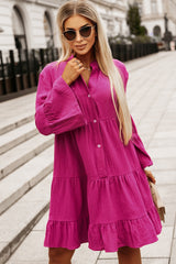 Pink Tiered Crinkled Shirt Dress with Split Collar