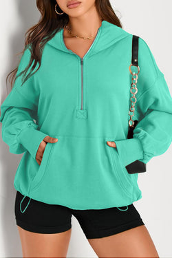 Aruba Blue Solid Half Zip Oversized Hoodie with Kangaroo Pocket