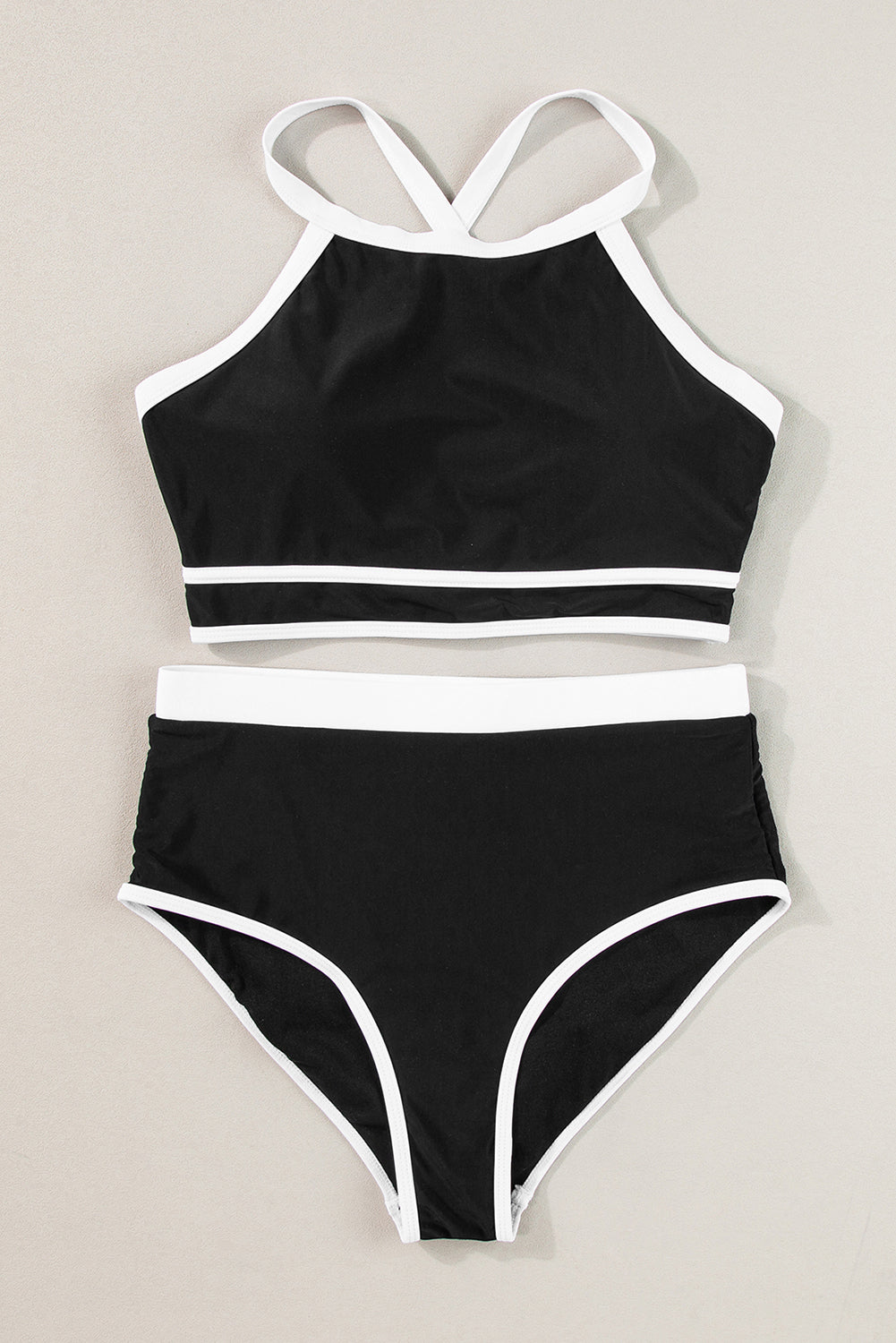 Black Contrast Trim Crisscross Back High Waited Bikini