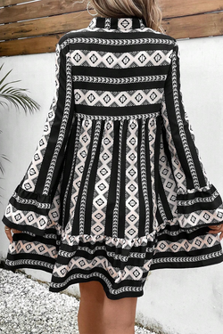 Black Boho Geometric Print Long Sleeve Flare Mini Dress