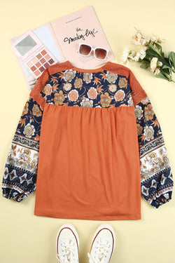 Brown Boho Floral Print Balloon Sleeve Top with Lace Detail