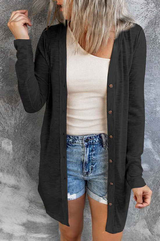 Cardigan noir à boutons ouverts de couleur unie-A WOMAN WE LOVE