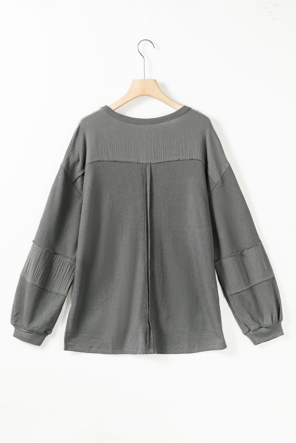 Gray Exposed Seam Patchwork Bubble Sleeve Waffle Knit Top