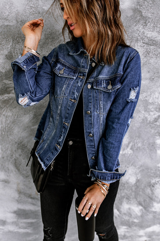 Blue distressed denim jacket with lapels and raw hem buttons