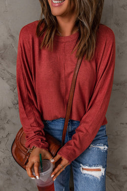 Bright Red Solid Color Patchwork Long Sleeve Top