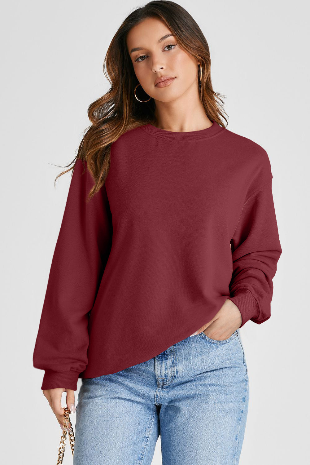 Burgund Plain Drop Schulter -Crewneck Pullover Sweatshirt