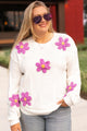 Plus Size White Drop Shoulder Crochet Flower Knit Sweater