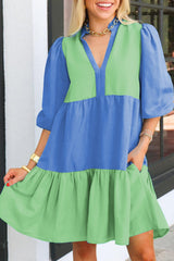 Robe droite bleu foncé couleur block à volants *