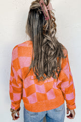 Cardigan orange à carreaux et épaules tombantes boutonné à col en V-A WOMAN WE LOVE