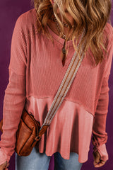 Mineral Red Waffle Knit Patchwork Top with Split Neck and Exposed Seams