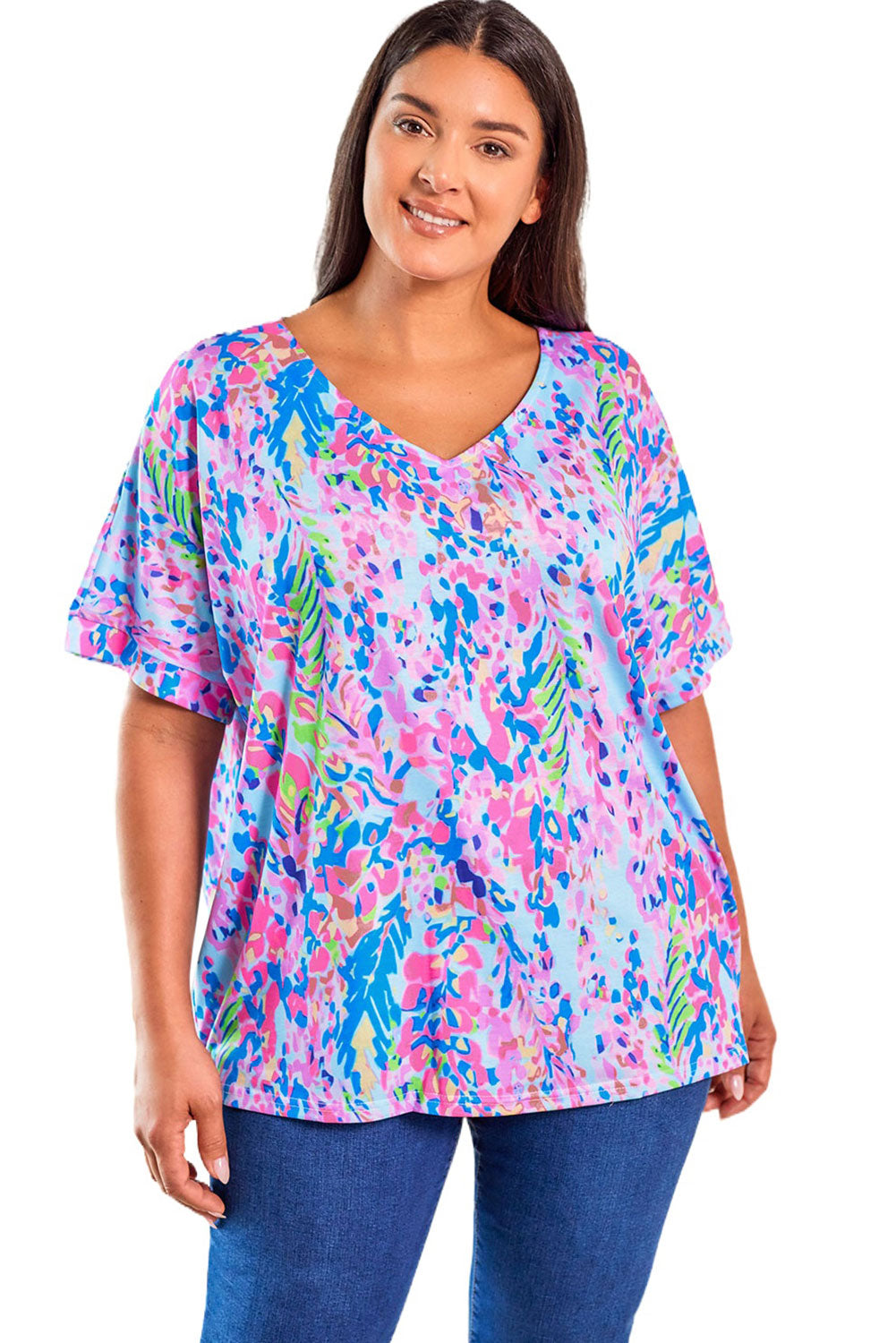 Sky Blue Plus Size Plant Stampa a v-shirt