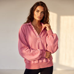 Sweat-shirt oversize rose à manches ballon et col à boutons-pression