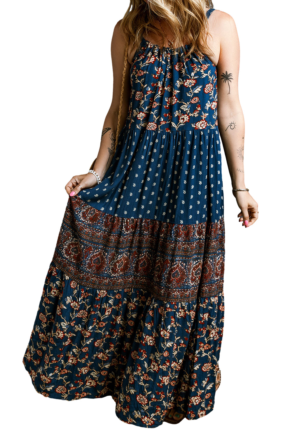 Blue Boho Blumenspleißen ärmellose Maxikleid