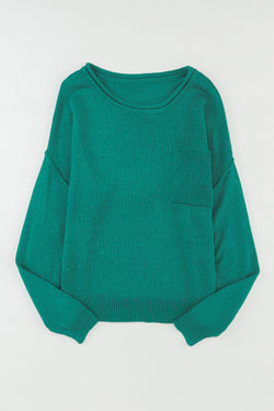 Pull en tricot côtelé à épaules dénudées de couleur unie vert avec poche