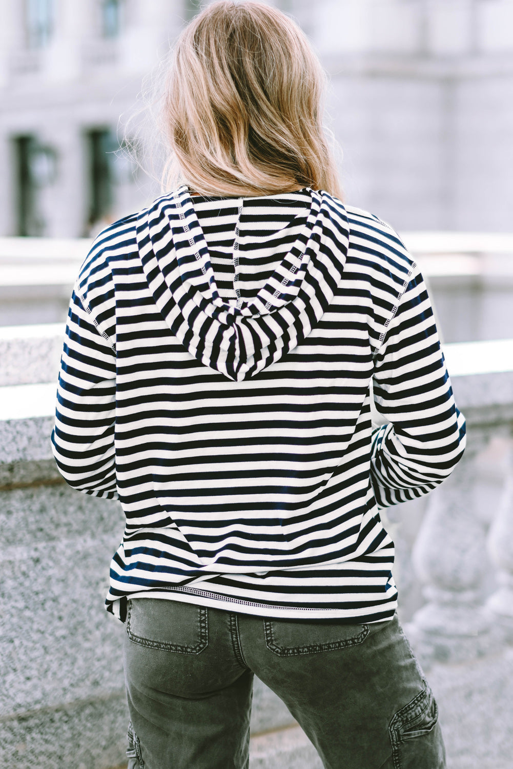 Stripe Kangaroo Pocket Drawstring Hoodie