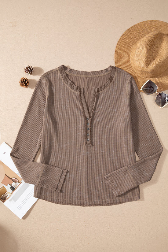 Coffee Acid Wash Waffle Knit Long Sleeve Top