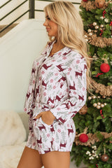 Ensemble de salon chemise et short imprimés de cerfs de Noël blancs-A WOMAN WE LOVE
