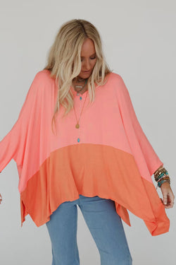 Grapefruit Orange Contrast Color Patchwork Side Slit Oversized Top