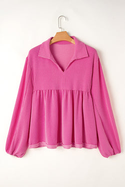 Babydoll bright pink blouse in V -neck and bubble sleeves