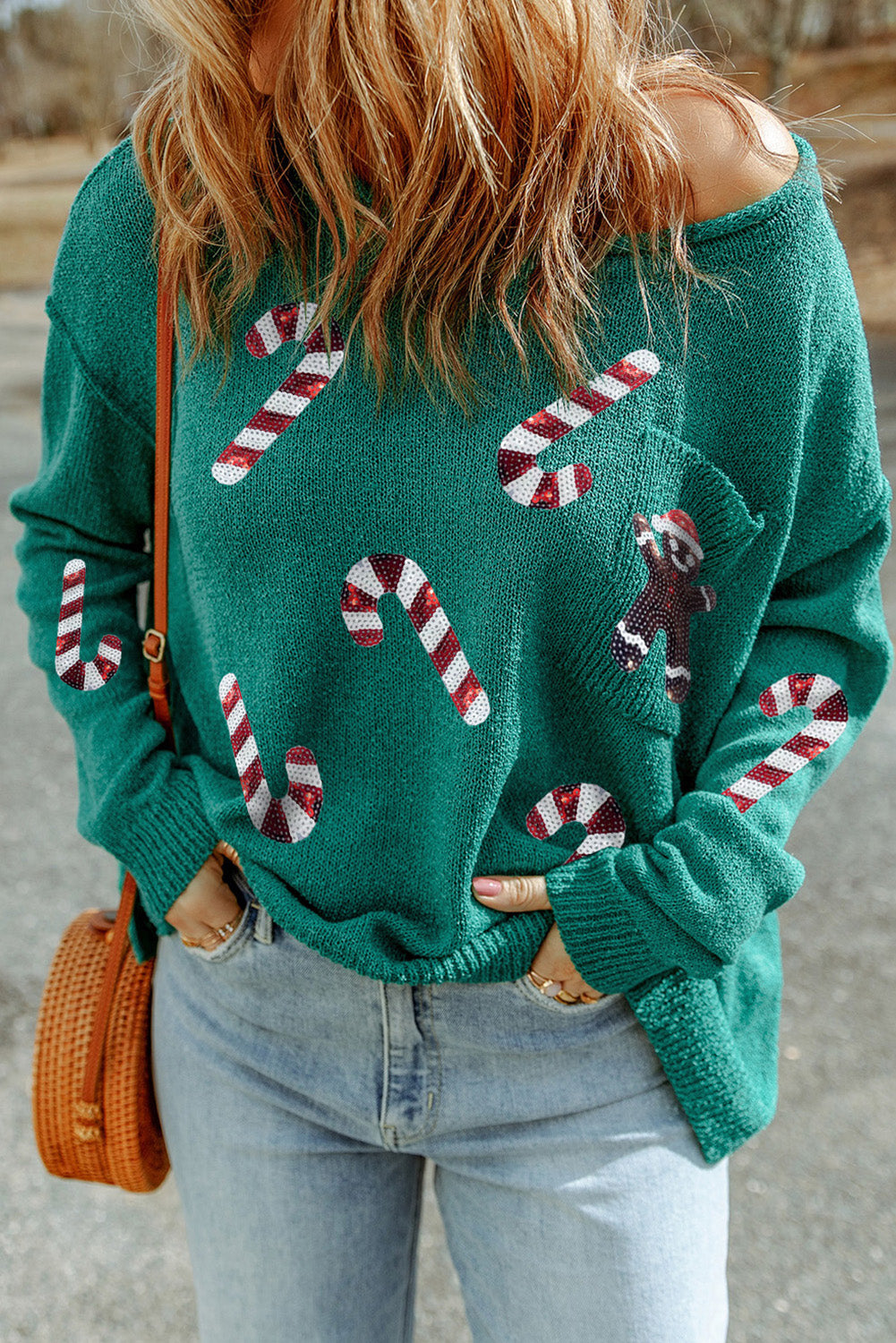 Grüne Pailletten -Candy Canes Lebkuchen Mann Pullover