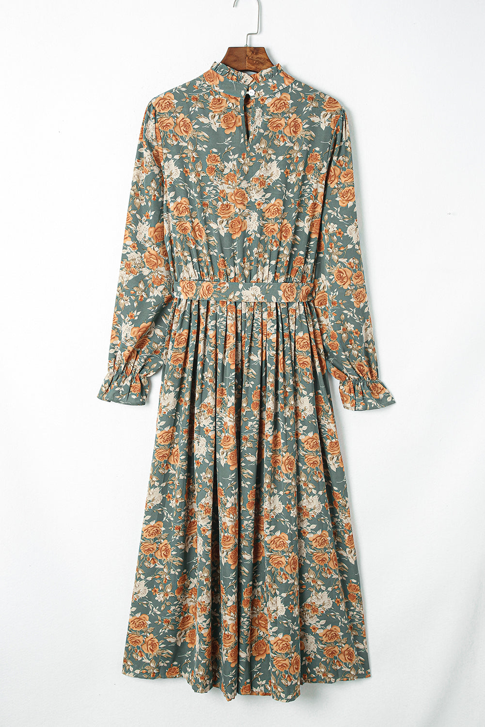 Green Pleated Floral Long Sleeve Maxi Dress with Tie